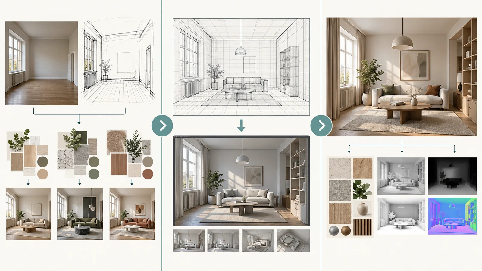 Room photo and sketch, connected CAD model, and finished 3D scene leading to three different interior rendering workflows