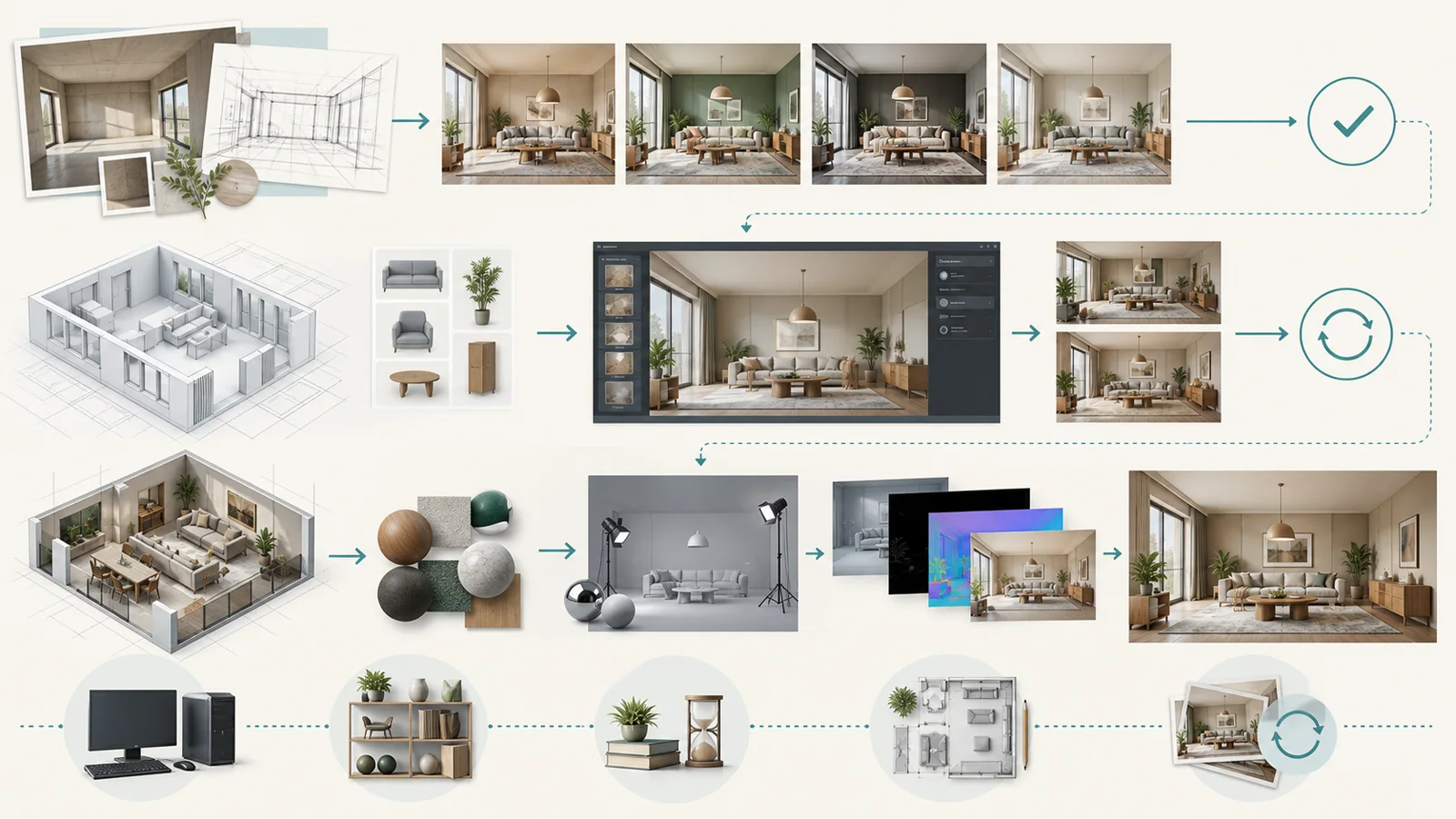 Three interior visualization paths showing concept options, connected model revisions, final rendering, hardware, assets, training, and repeated review