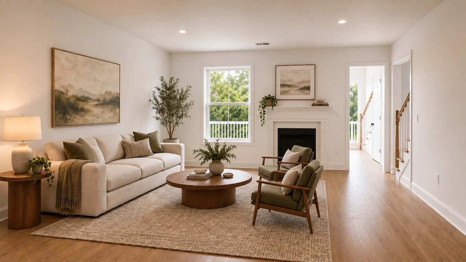 Refined living room concept with smaller armchairs and a wider visible route to the opening