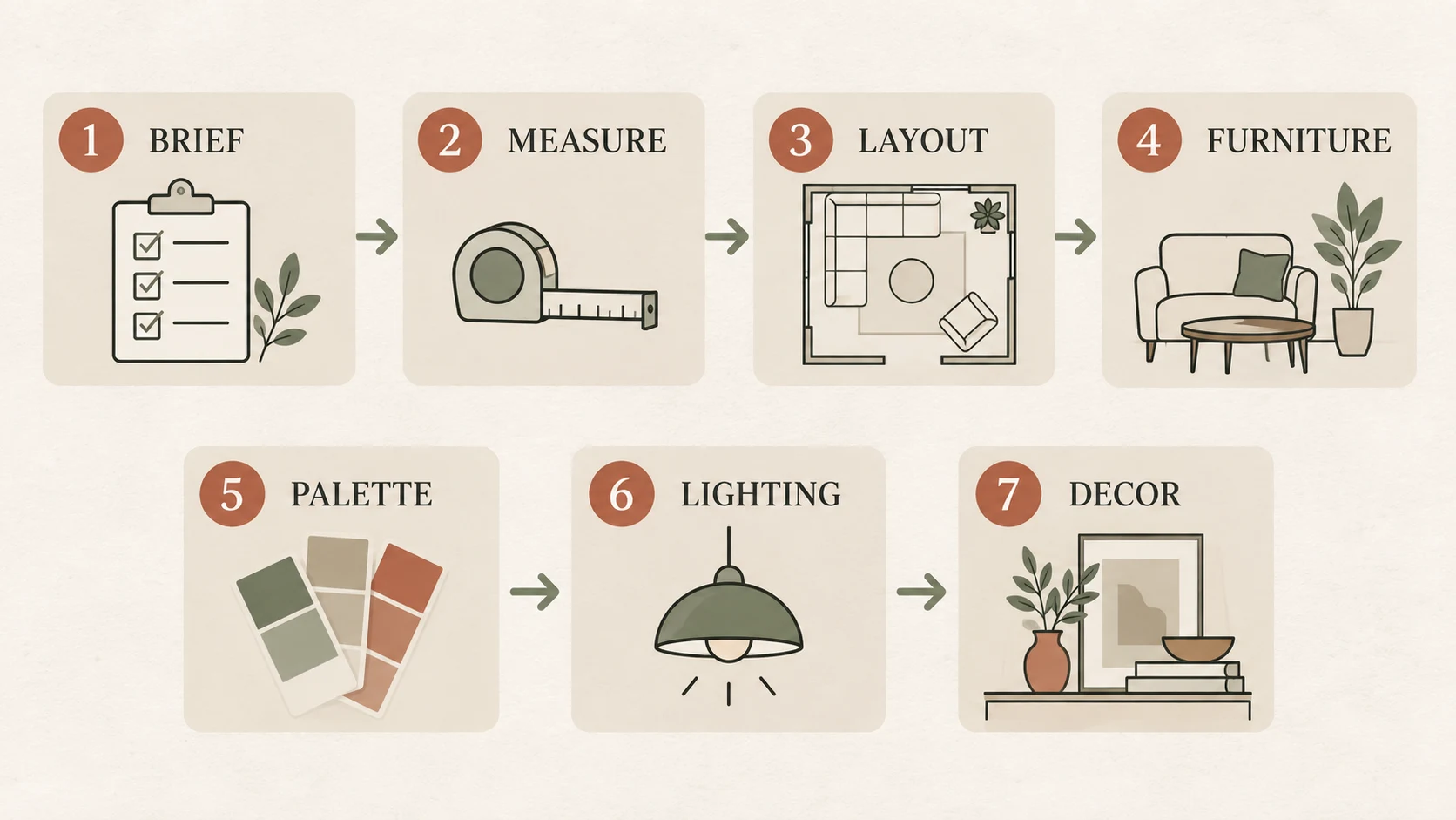 Seven-step living room decorating order from brief and measurements to layout, furniture, palette, lighting, and decor