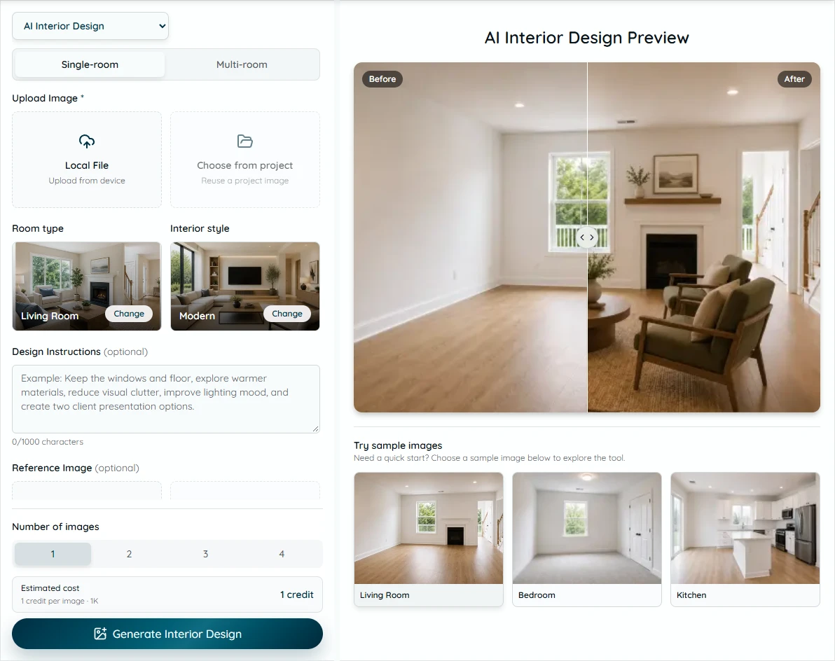 ArchOne AI interior tool with room upload, room type, style, design instructions, and example preview