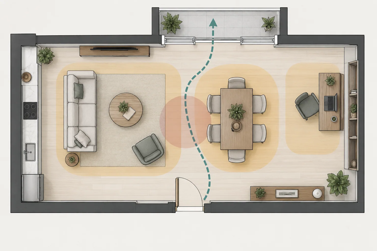 Top-down space plan showing living, dining, and work zones with a clear route from the entry to the balcony