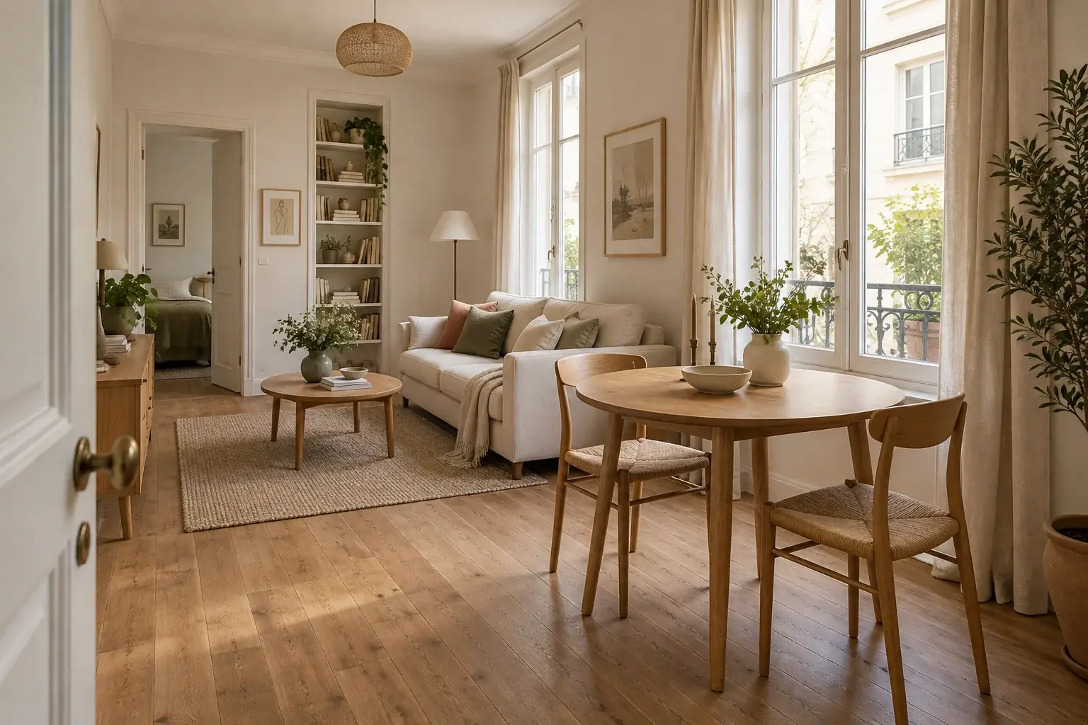 Compact apartment living area with a small sofa, dining table and single-sided window light.