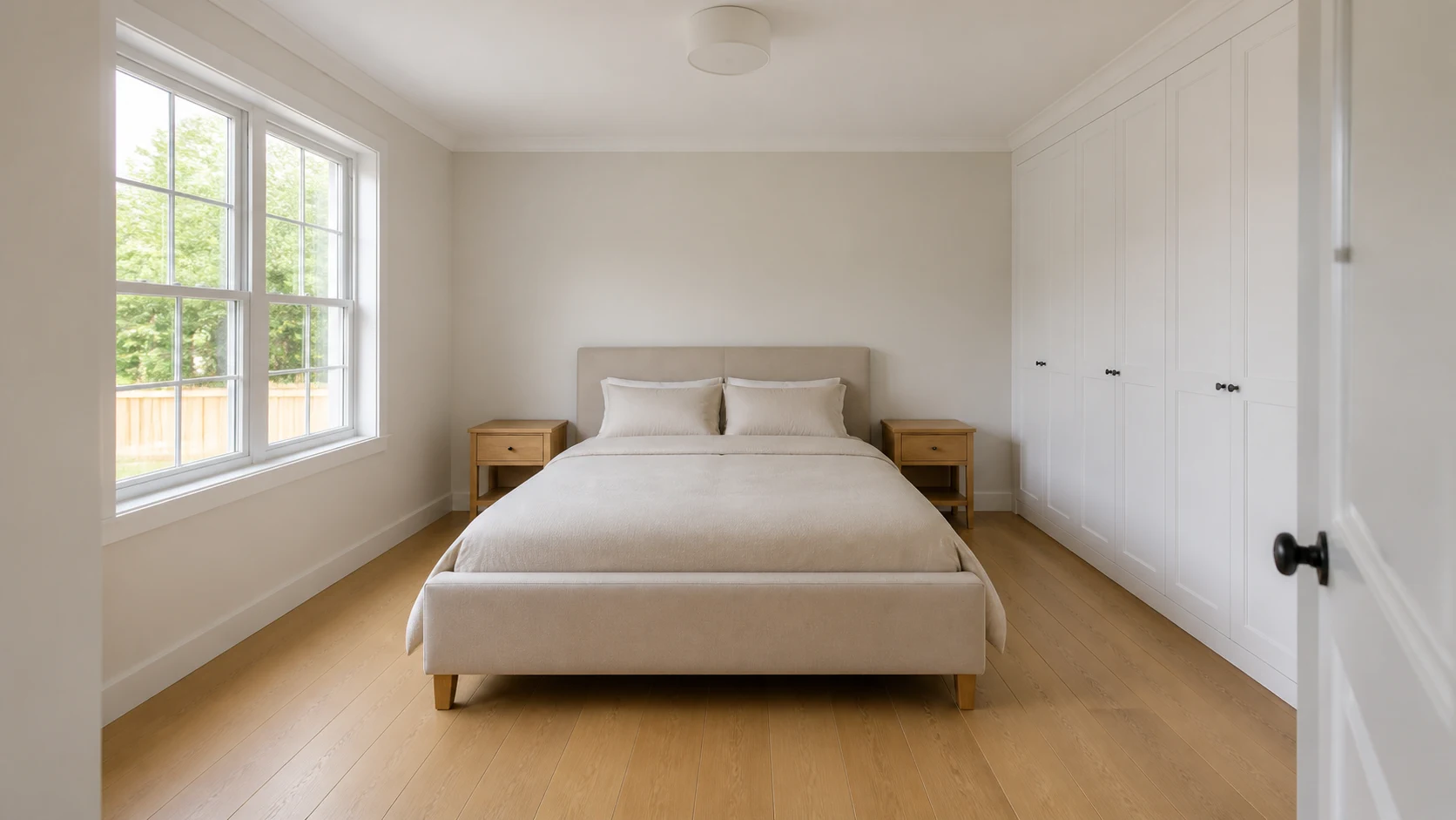 Neutral bedroom used as the reference room for illustrative green bedroom concepts