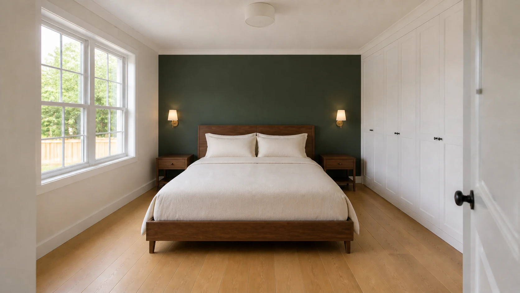 Illustrative forest green bedroom concept with ivory bedding, walnut, and warm wall lights