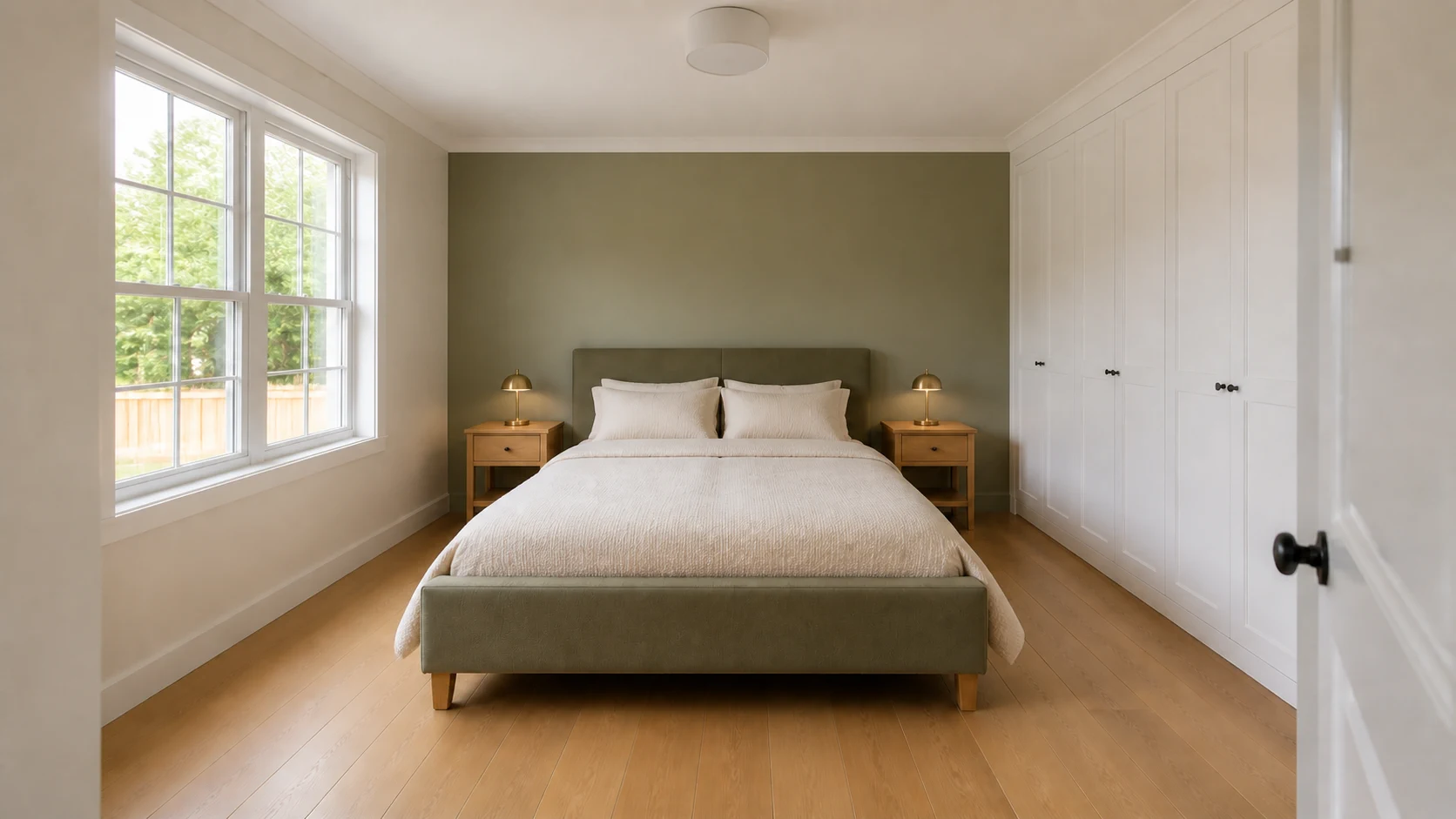 Illustrative olive bedroom concept with ivory bedding, oak, and warm bedside lamps
