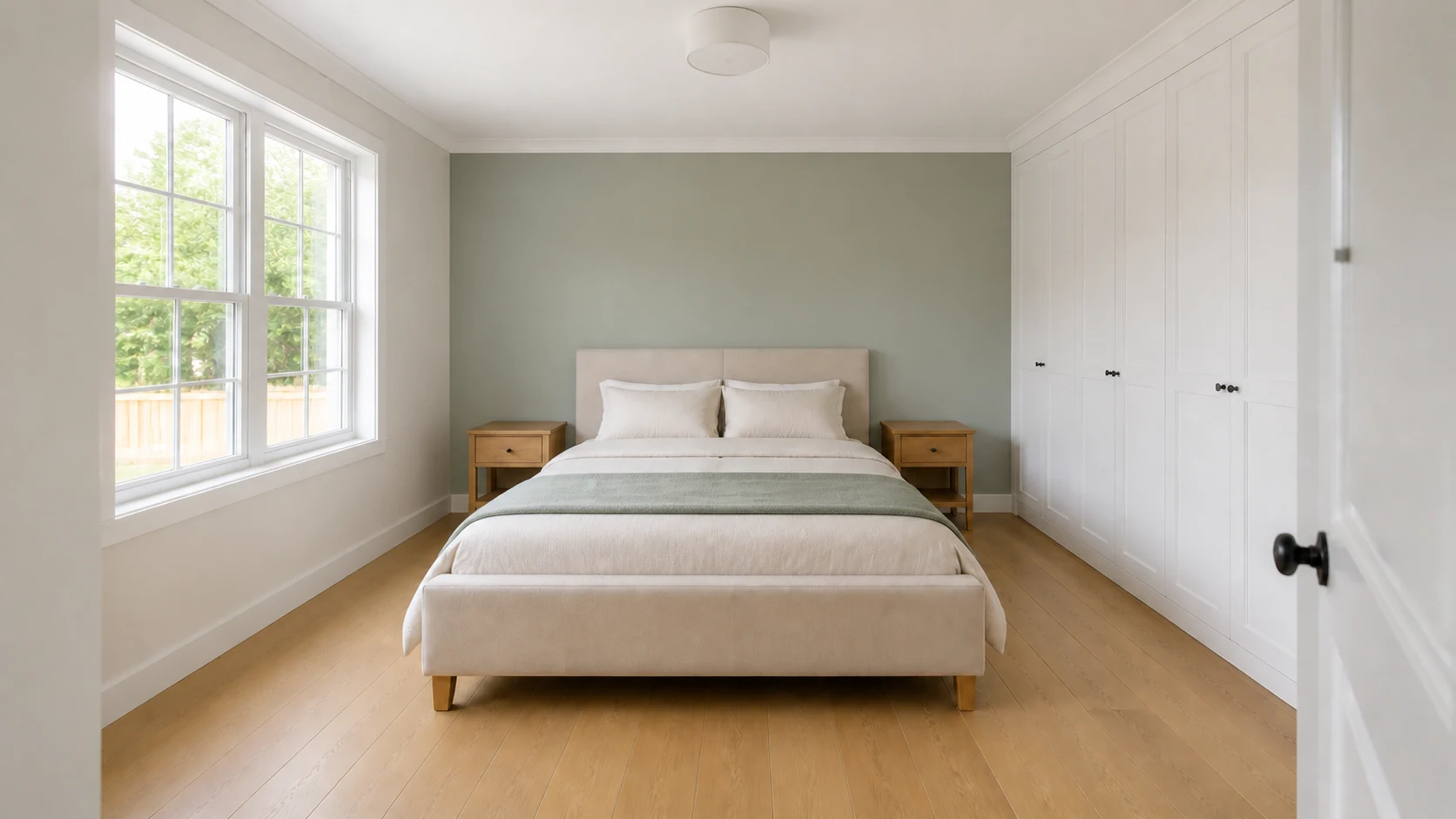 Illustrative soft sage bedroom concept with cream bedding and pale oak furniture