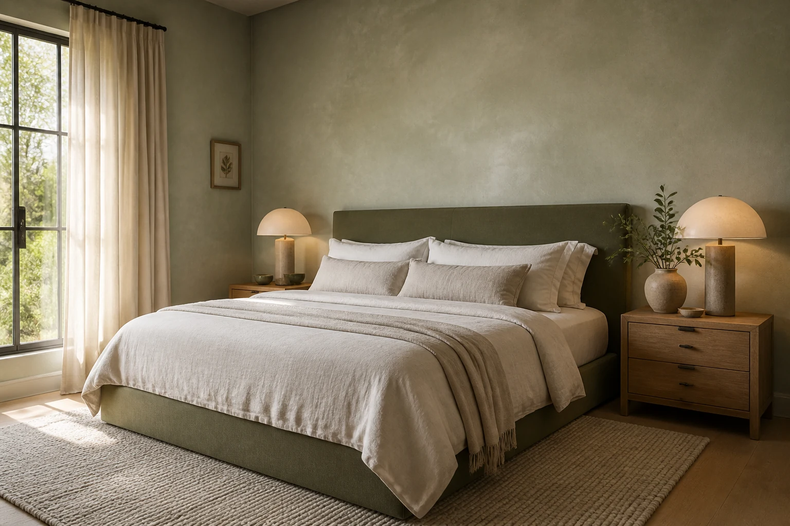 Green bedroom with olive upholstered bed, cream linen bedding, oak furniture, and soft daylight