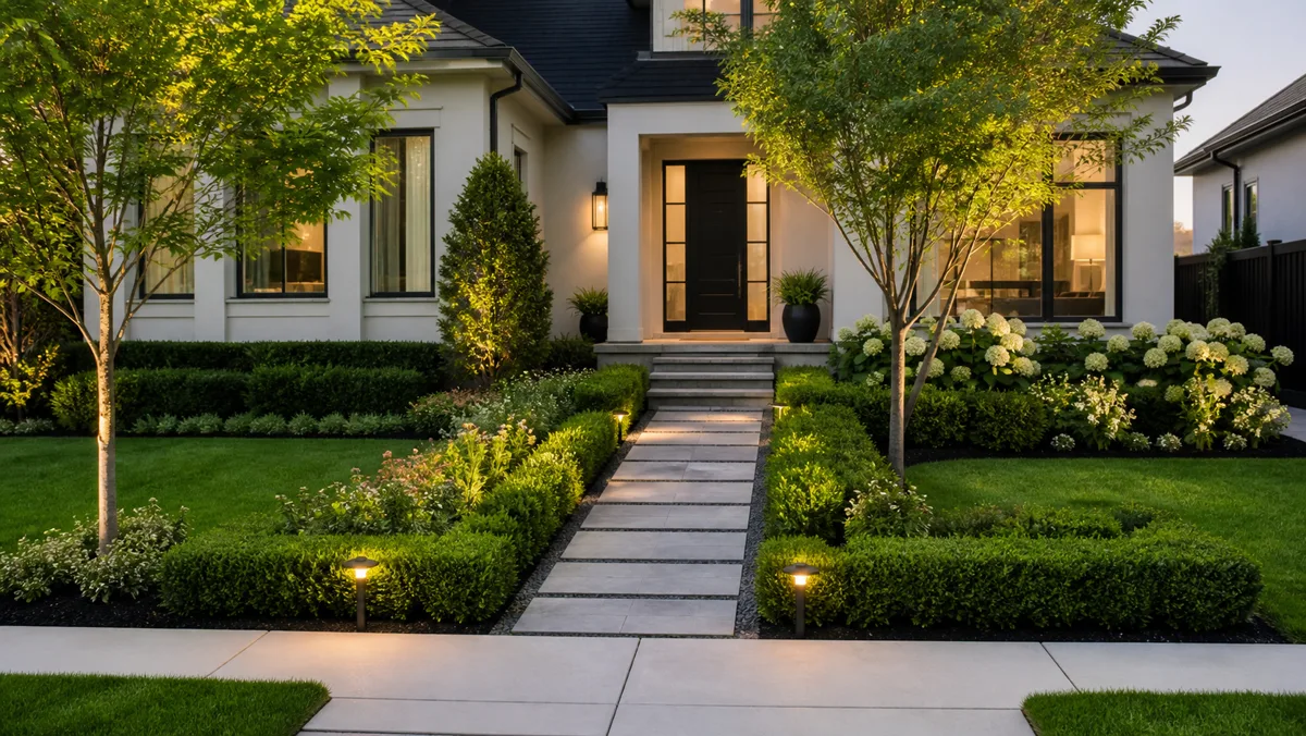 Front yard landscaping idea with a clear entry walkway, foundation planting, curb appeal lighting, and layered shrubs