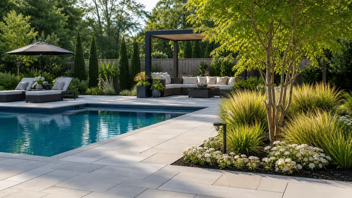 Backyard pool area after AI backyard design with planting, lounge space, privacy, and lighting