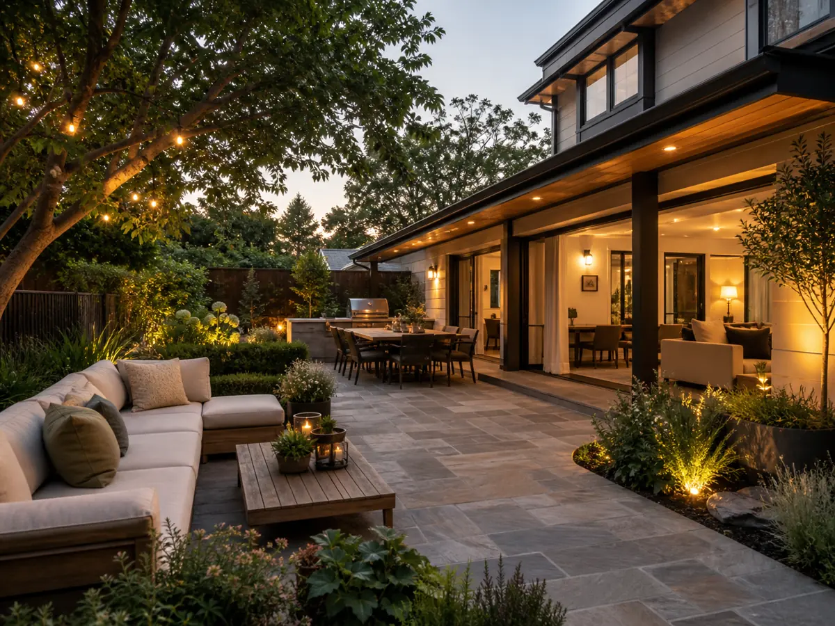 Small patio after AI patio design with compact seating, planters, privacy, and clean paving