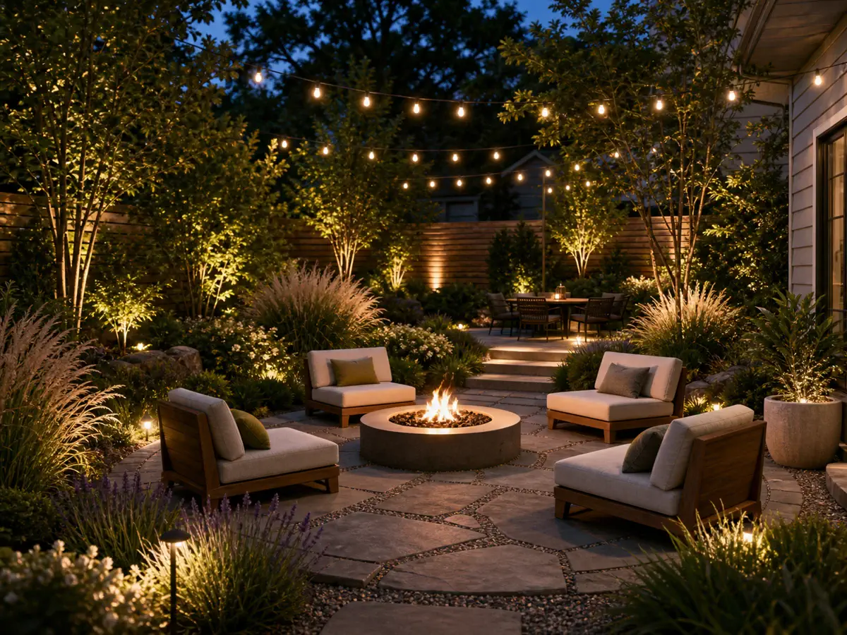 Patio after AI patio design with fire pit, seating, planting, and warm evening lighting
