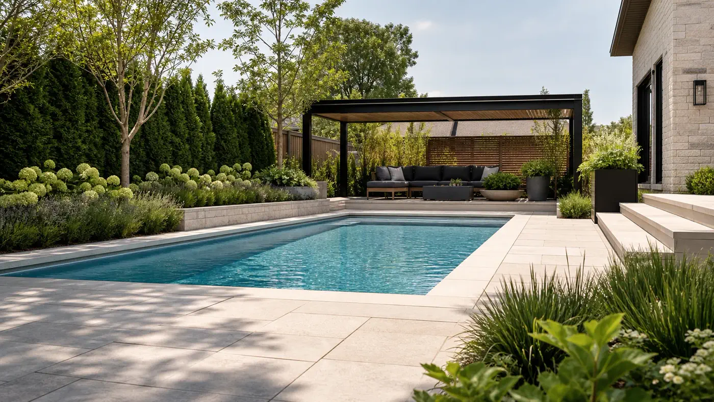 Pool deck after AI pool design with a refined surface, lounge furniture, planters, and outdoor lighting