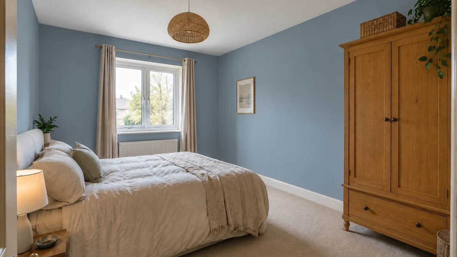 Same compact bedroom after a muted dusty-blue wall and warm-white trim paint study