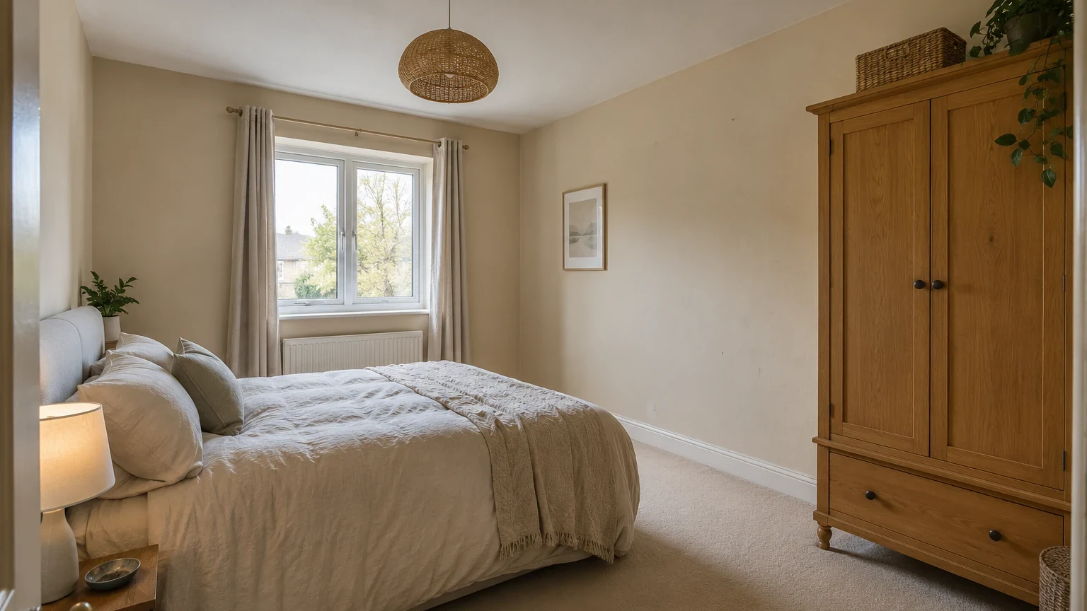 Compact bedroom before repainting, with beige walls, oak wardrobe, linen bed, and cream carpet