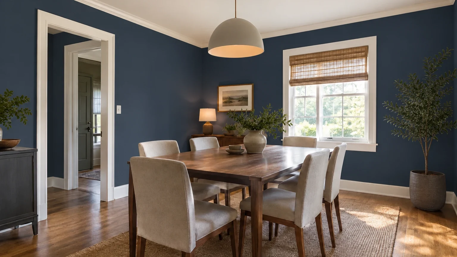 Same dining room after a deep desaturated navy wall and warm-white trim paint study