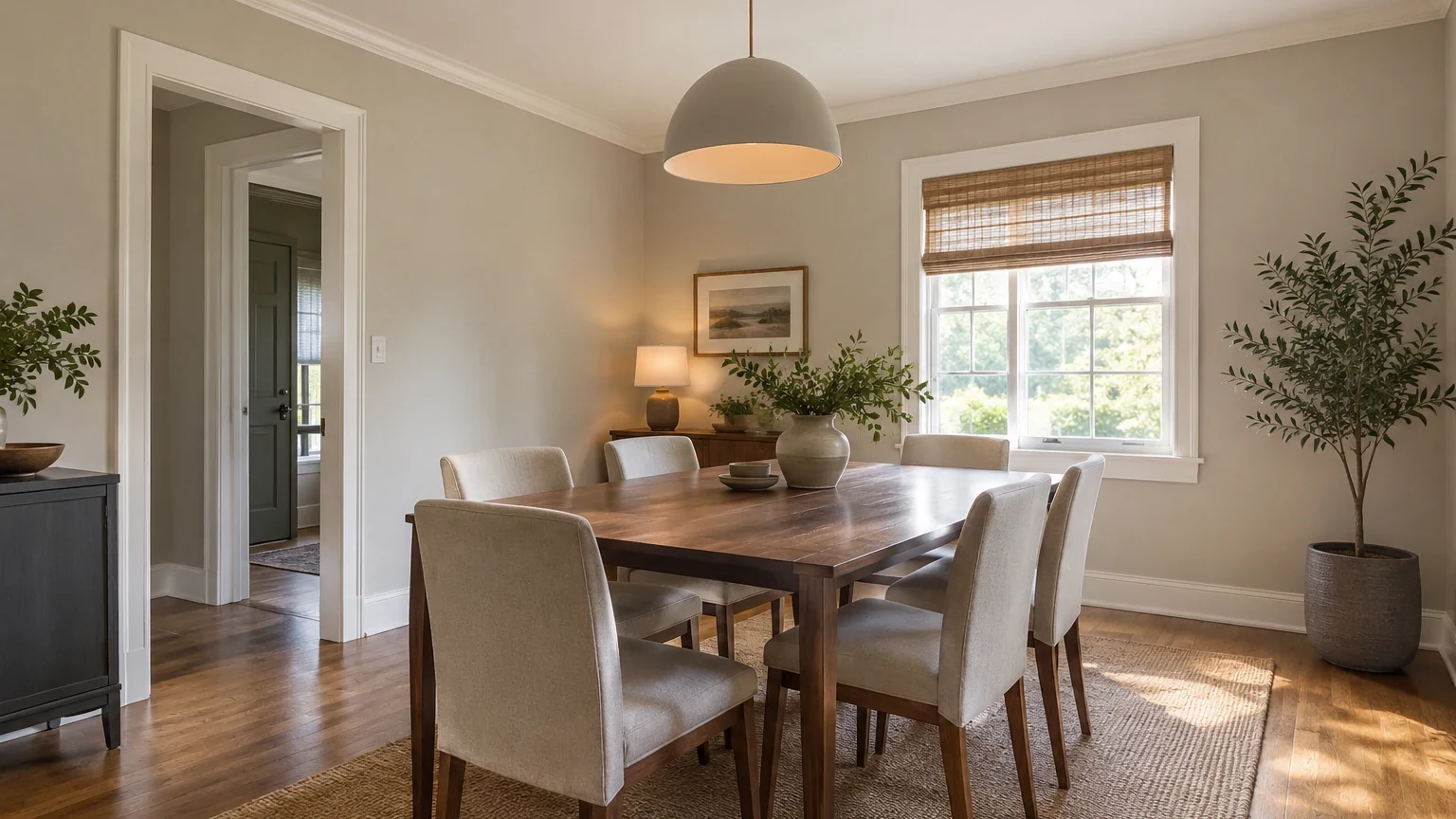 Dining room before repainting, with pale greige walls, white trim, walnut table, and pendant light