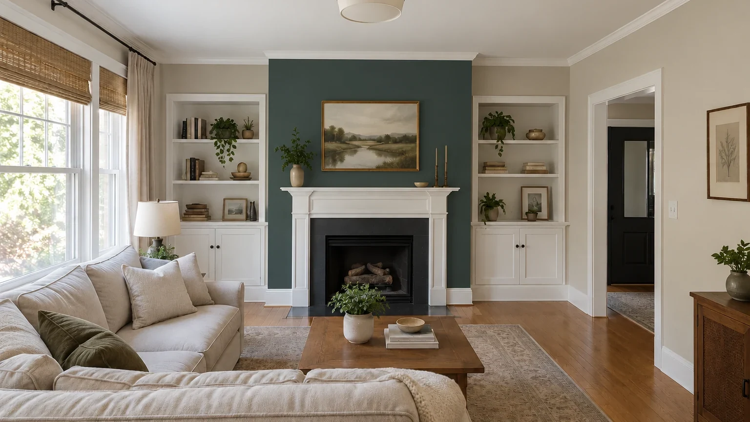 Same living room after a deep blue-green fireplace feature wall and soft neutral surrounding walls