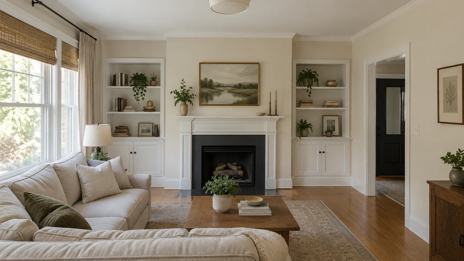 Living room before a feature-wall paint study, with off-white walls, fireplace, shelving, and neutral seating