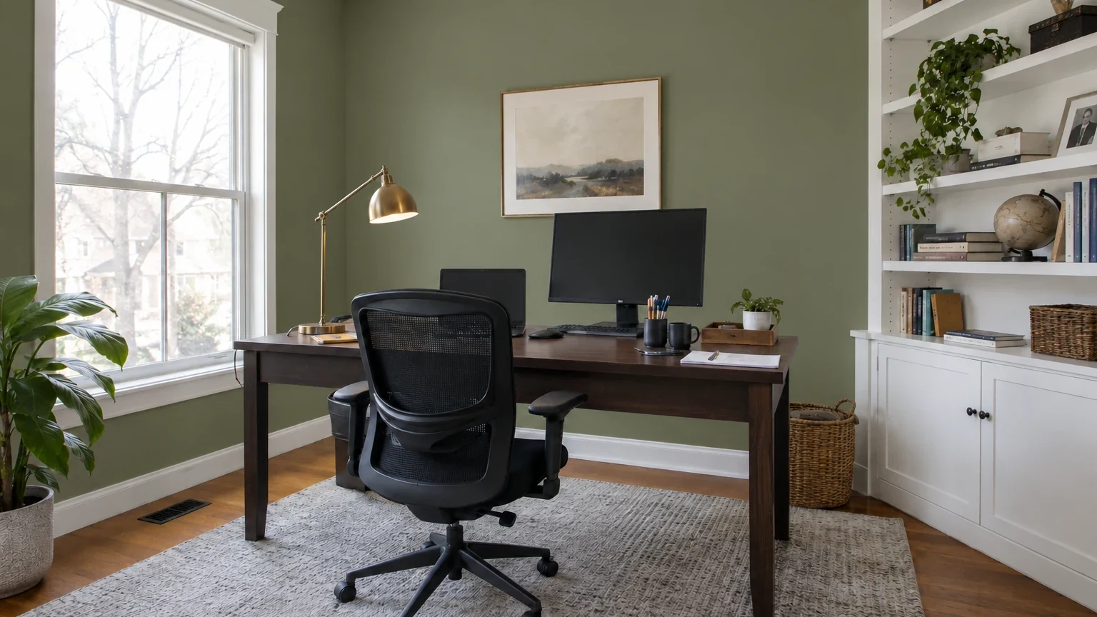 Same home office after a muted olive-green wall and softly contrasted trim paint study