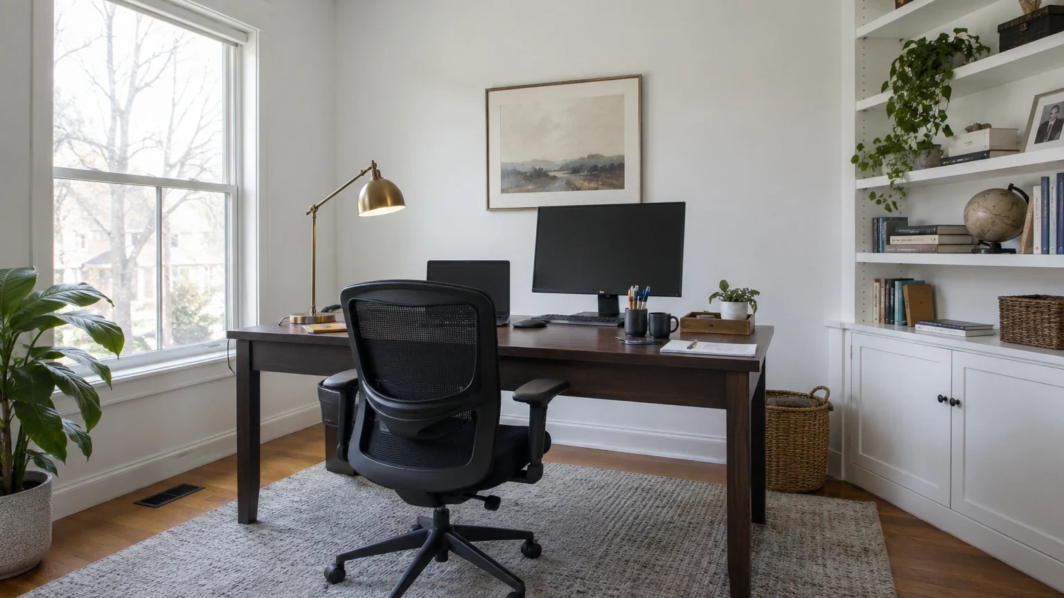 Home office before repainting, with cold white walls, dark desk, built-in shelves, and neutral rug